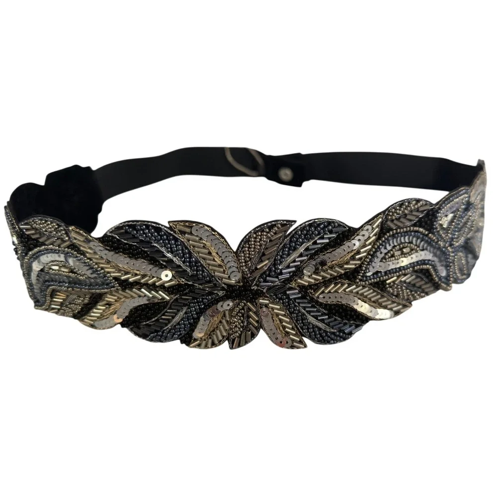 Silver Beaded Embroidered Boho Festival Floral Belt  Elastic Waistband NWT